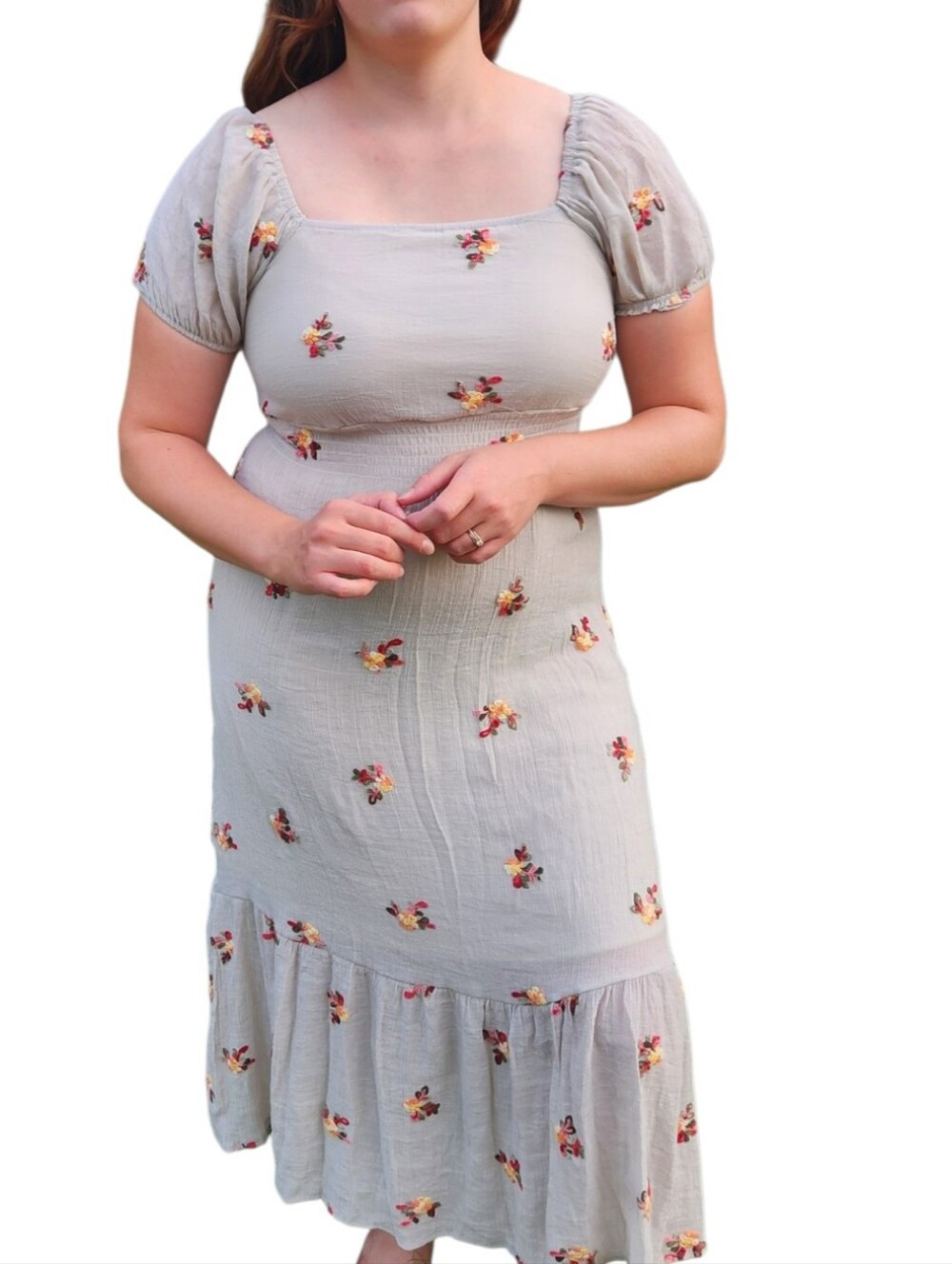 Kindred Dress Women's Size M Beige Floral Square Neck Smocked Embroidered